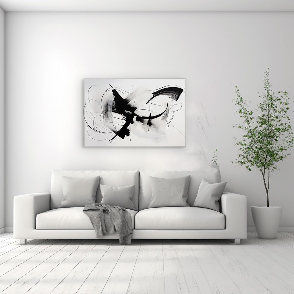 Canvas for Living room. Black and White Dynamics Unleashed in a Symphony of Abstract Lines, 27 x 18 inch Canvas Wall Art - Contemporary Masterpieces - Modern Home Decor