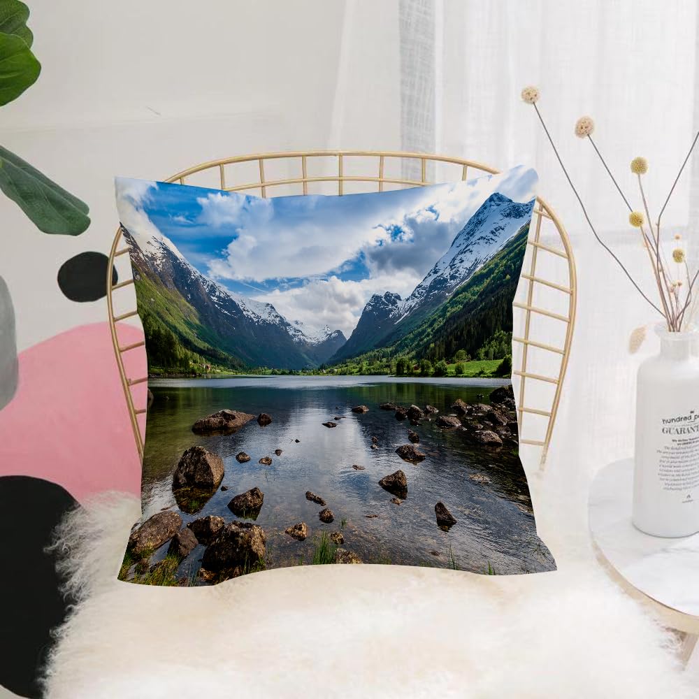 HYMSXW Cushion Cover,Throw Pillow Case Home Decorative for Living Room Bedroom Sofa Chair 20X20 Inch,Nature,Mountains River and Open Sky Natural Beauties Norway Fjords Nordic Lands,Pillowcase 50X50cm