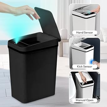 Intelligent 12L Sensor Kitchen Waste Bin - Bin with Sensor Technology, Touchless & Waterproof - for Office & Bathroom - Bin with Lid & No Noise Function - Black