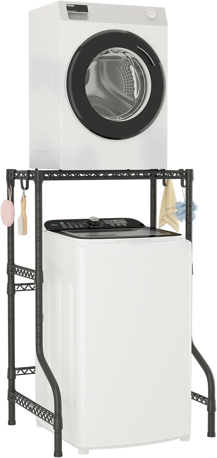 U16 Over Washer Dryer Stacking Rack for Narrow Small Laundry Room and Bathroom, Metal and Heavy-Duty Washer and Dryer Storage Shelves for Saving Space, 29.5" W x 23.6" D x 53.1" H, Black