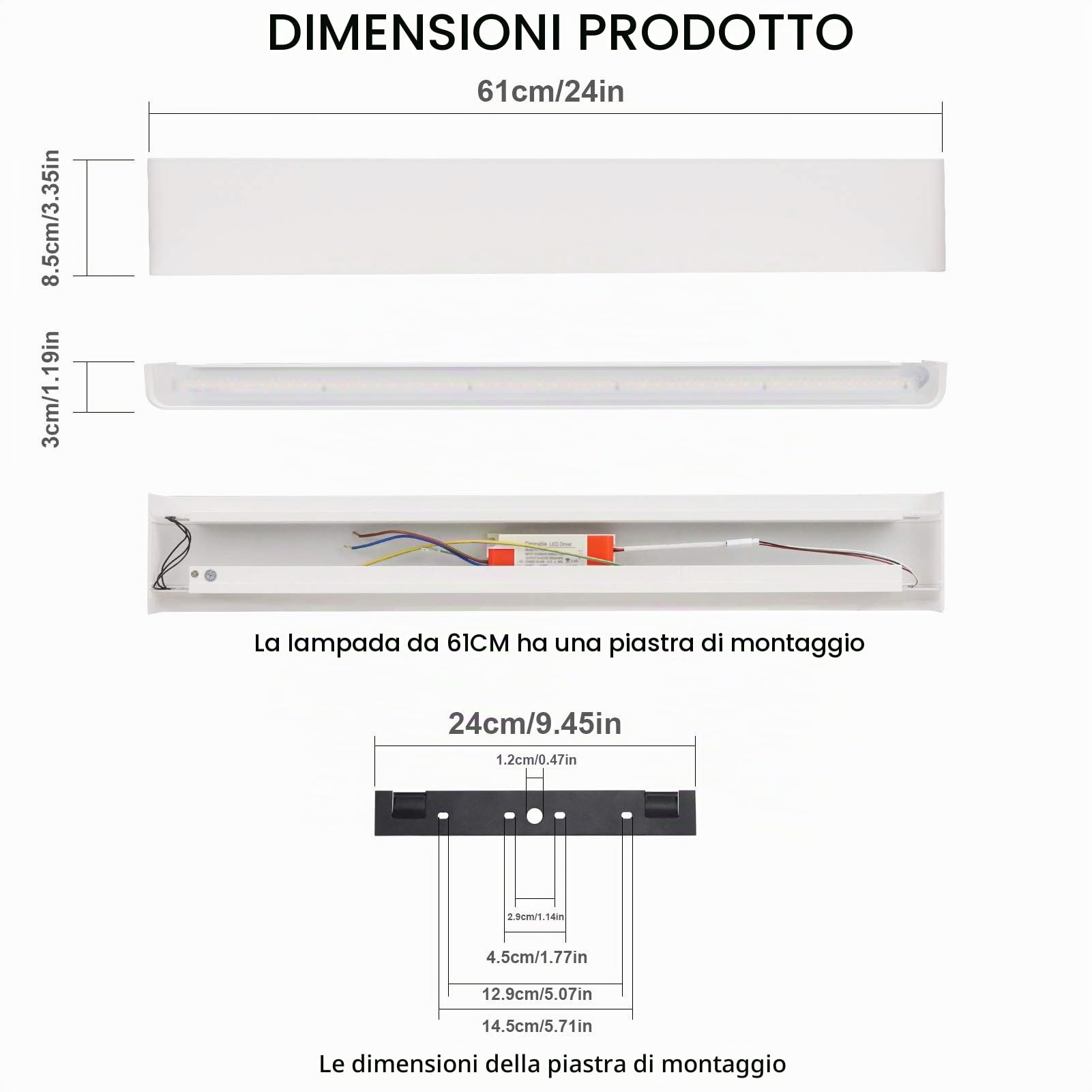 Klighten Applique da Parete LED Interno Dimmerabile con Telecomando, Lampada da Parete Decorativo Mordern, per Soggiorni, Camere da letto, Bagno, 800-2000 Lumen, 3000K-6000K, 20W, 61cm, Bianco