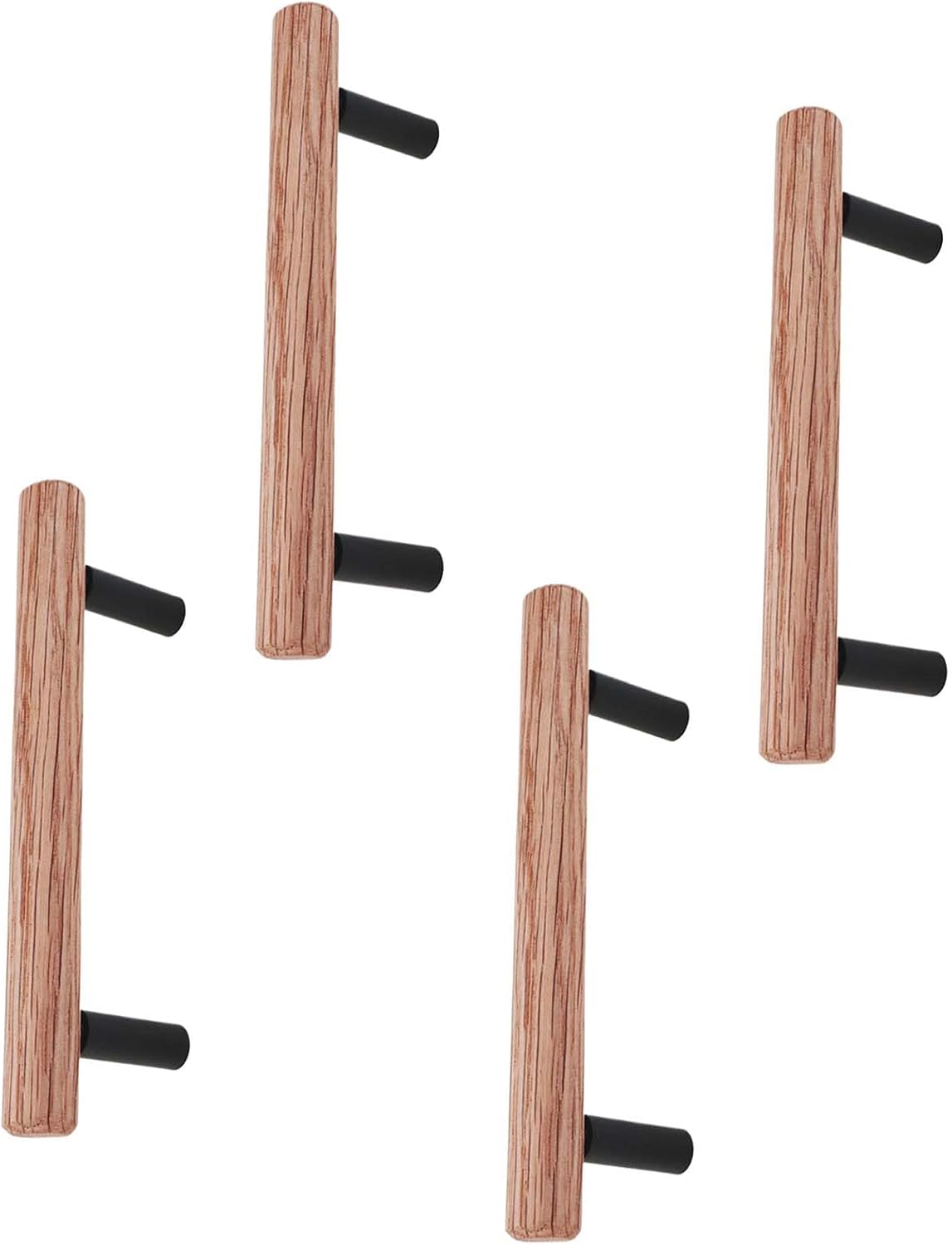 4pcs Red Oak Pull Handles Natural Wood Rod Handles for Cabinet Doors Dresser Cupboard (96mm Hole Spacing, Black Base)
