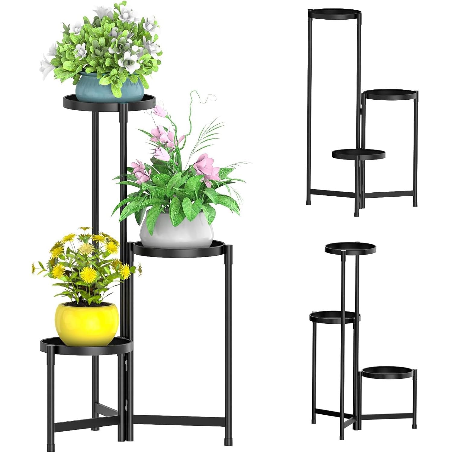 Blumenständer Metall mit 3 Ebenen, Pflanzenständer Metall mit 10 Zoll breiter Tablett, Platzsparender Blumenhocker für Zimmerecke, Wohnzimmer, Balkon, Terrasse, Hof (Schwarz)