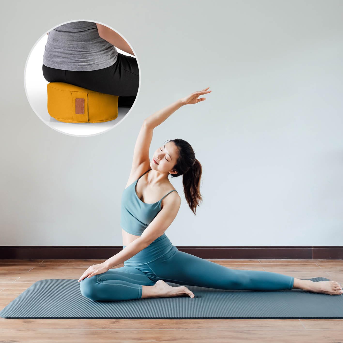 Cuscino da yoga »Vishnu« chiusura a cordoncino & pula di farro bio/alt. 15cm e 30cm diametro - ideale come cuscino yoga/cuscino zafu/cuscino meditazione/supporto meditazione.100% cotone-giallo curry