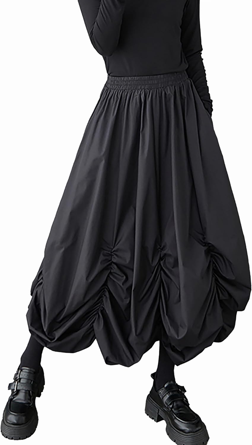 ellazhu Women's Skirt Solid Elastic Waist Ruffled Flowy Hem Casual Loose Maxi Plus Size GZ442 A