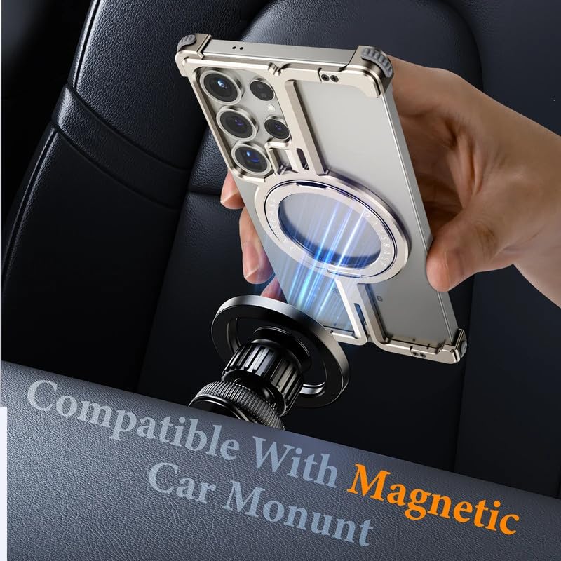 Image of Frameless 360 Rotatable Ring Metal Bumper Case with Kickstand for Samsung Galaxy S25 Ultra Case Compatible with Mag Charging | Luxury Aluminum Armor | Slim Premium Metal (Dessert)