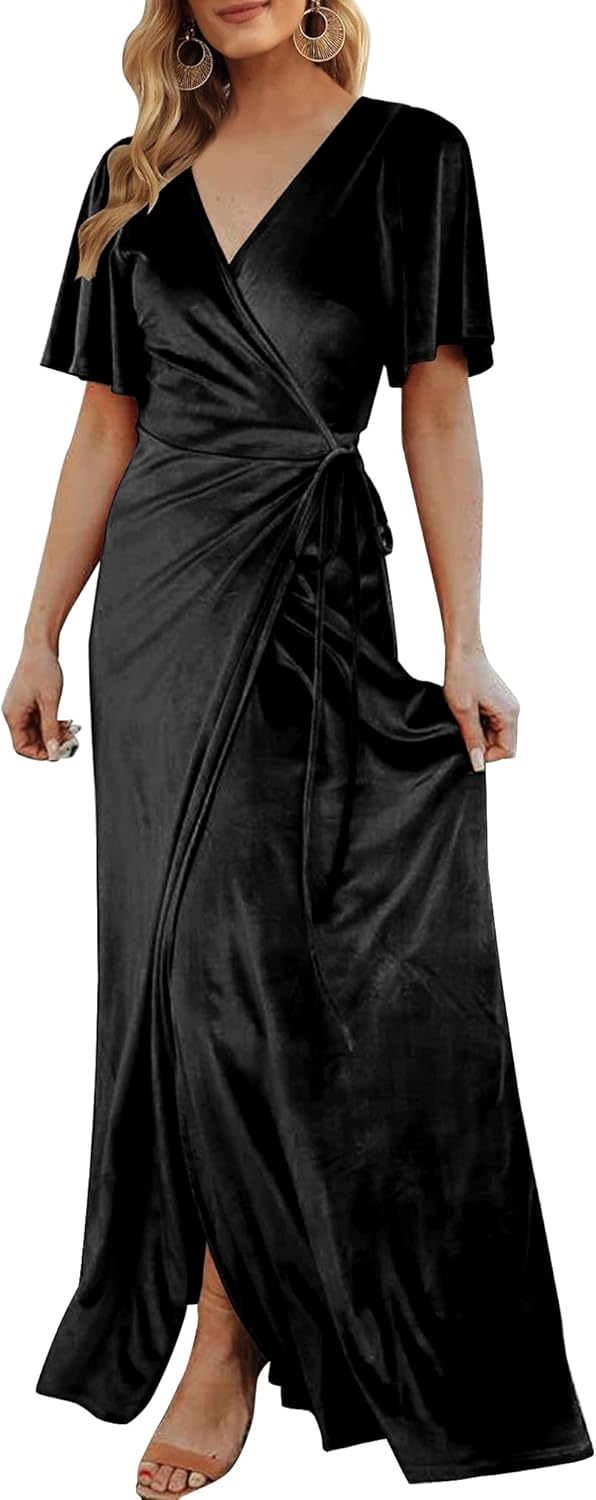 CYiNu Women's Wrap Velvet Maxi Dress V Neck Bell Sleeve Split Elegant Cocktail Party Dress