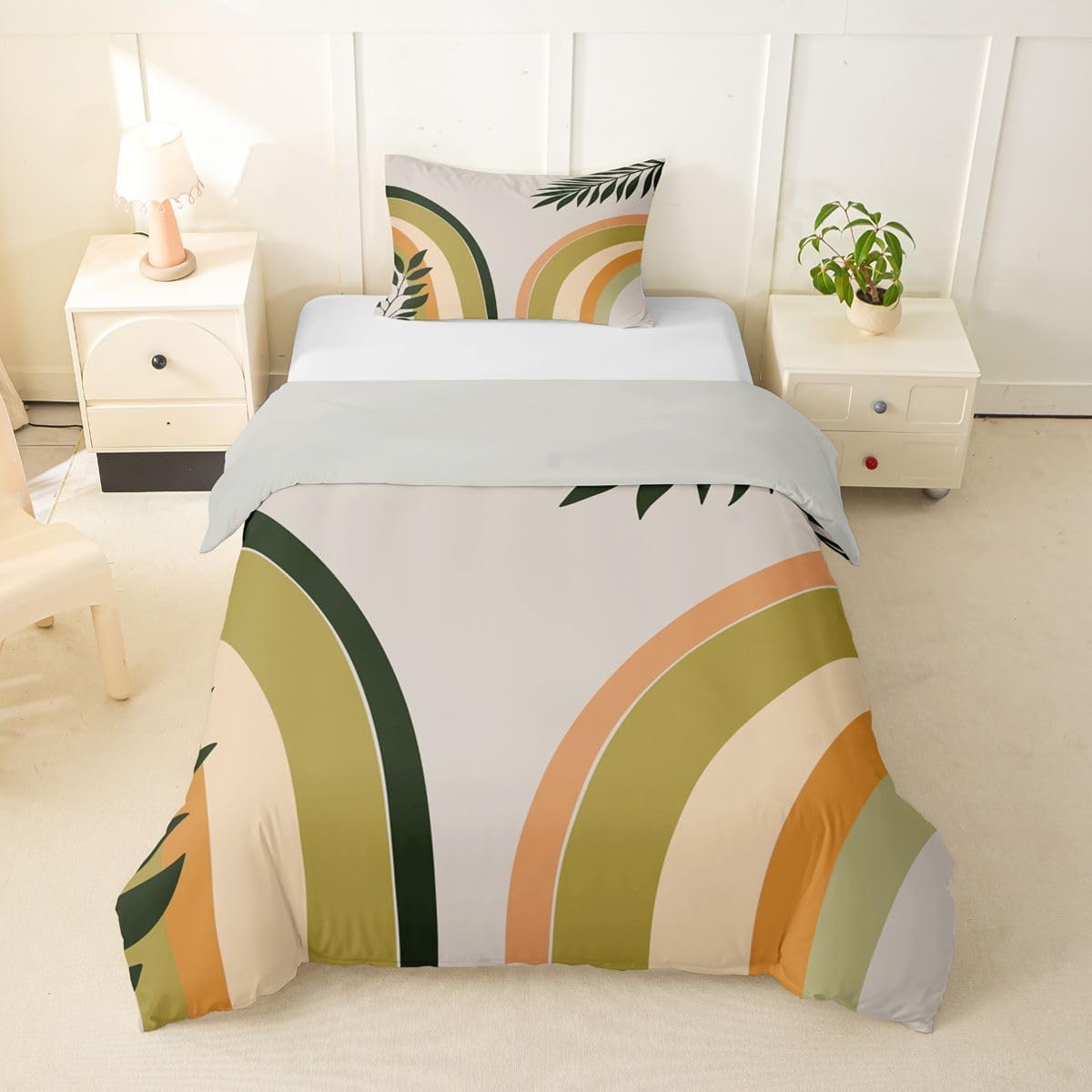 Erosebridal Boho Gradient Rainbow Toddler Duvet Cover Mid Century Modern Bedding Set Tropical Palm Leaf Botanical Comforter Cover for Kids Girls Boys Adults Abstract Minimalist Geometric Bed Set