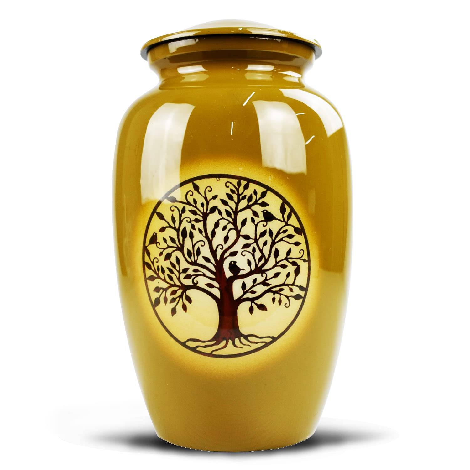 Sterling Ventures Large Ceramic Yellow Urn with Tree Of Life Pattern for Ashes Memorial and Funeral Keepsake Urns