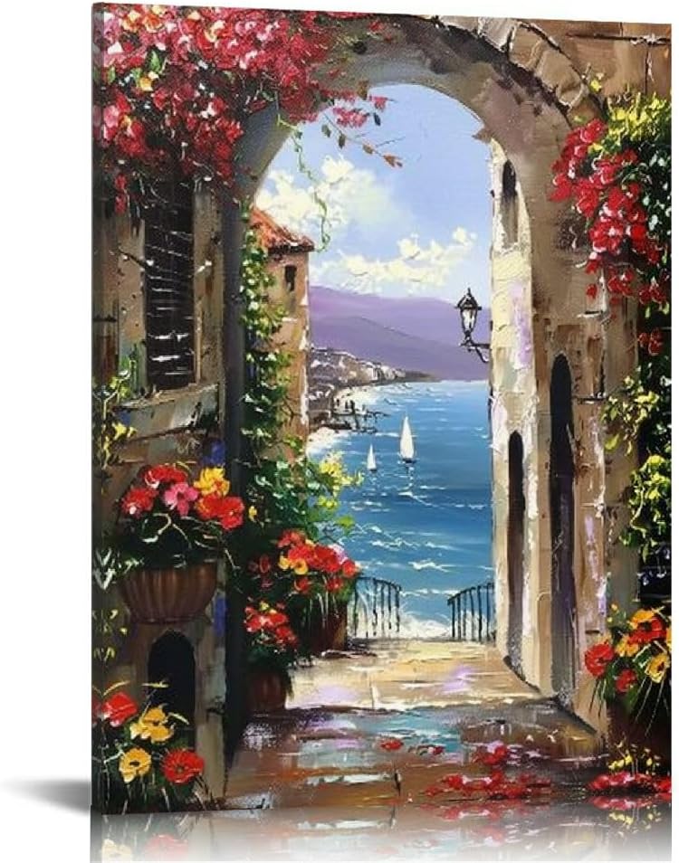 MMAFUL Painted Canvas Wall Art Italy Town Mediterranean Tuscany Sea Coast Flowers Oil Painting Stretched and Framed Ready to Hang Landscape Scenery Wall Decor 16x20 in