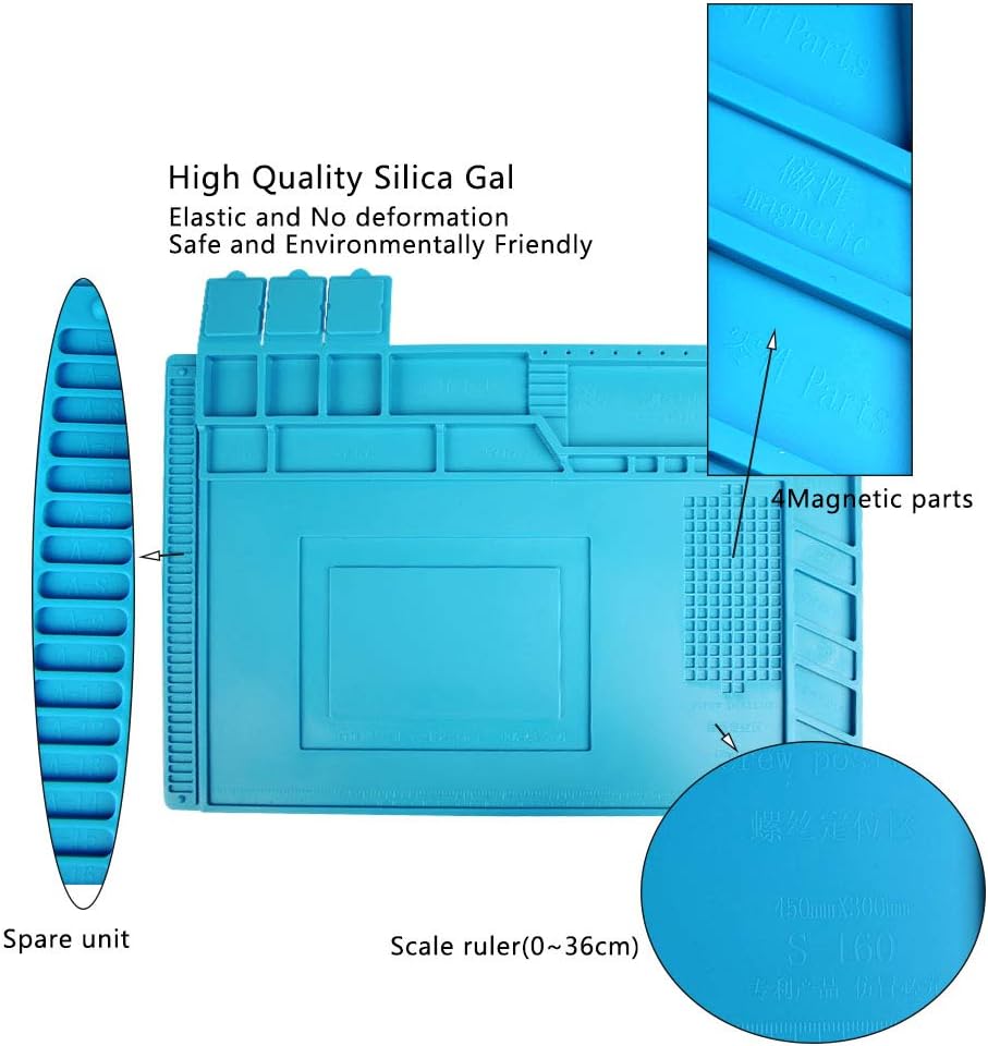 TIMESETL S-160 Silicone Repair Mat Electronics Repair Mat Magnetic Repair Mat Silicone Soldering Mat Insulation Silicone Welding Pad for BGA and Gun Soldering Iron, Workbench, Cell Phone Laptop Repair