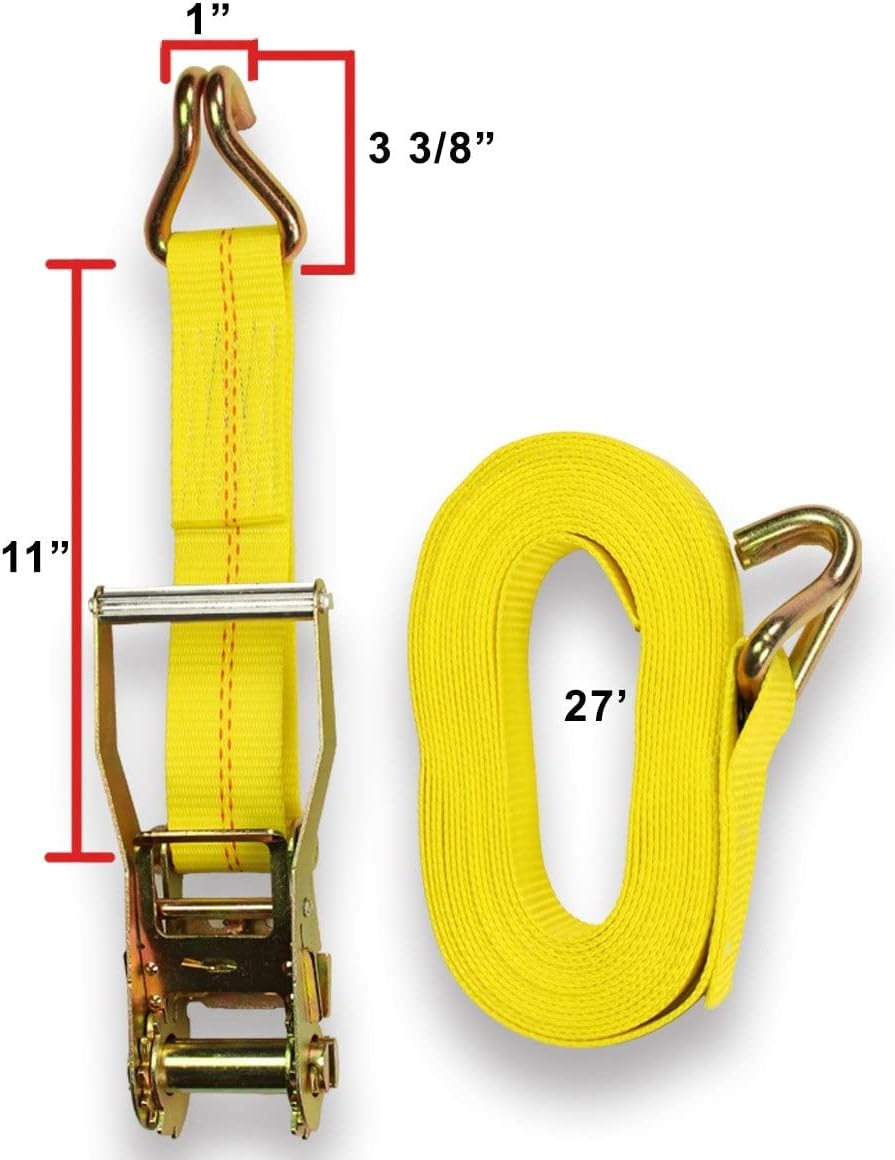 2 Tie-Down Ratchet Straps J-Hooks, 2 Heavy Duty 2" x 27' Tie-Down Ratcheting Cargo Truck Straps Wire Hook Ends, J-Hook Ratchet Strap Tie-Downs