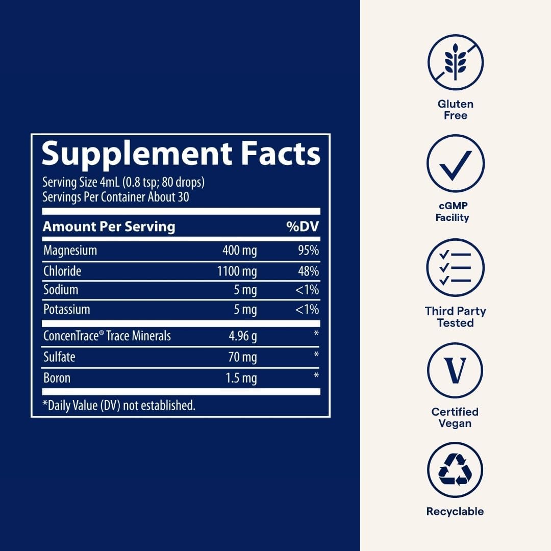 Trace Minerals Mega-Mag - Liquid Magnesium Supplement for Vitality & Energy Support - Muscle, Bone & Nerve Health - Natural Daily Drops - Non-GMO, Vegan & Gluten-Free - 4 fl oz (30 Servings)