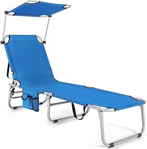 Giantex Tumbona plegable para exteriores silla reclinable portátil con 5 posiciones ajustables sombra giratoria de 360 bolsillo lateral silla de