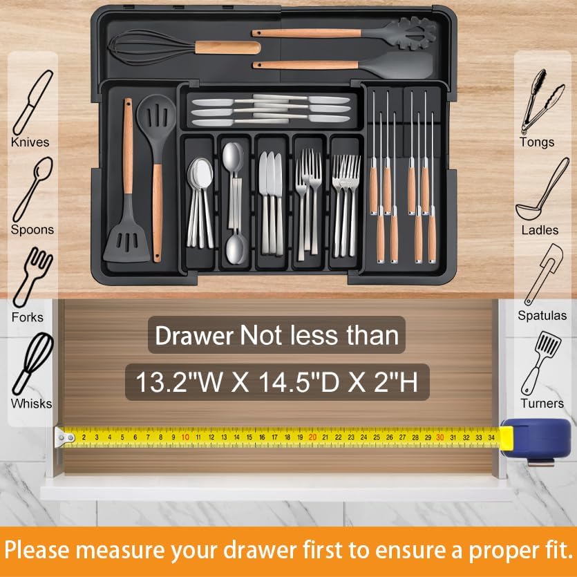 Miniatura 6 de Homecor Organizador de cubiertos Organizador de cajones de cocina grande expandible con 2 bloques de cuchillos extraíbles, bandeja de cubiertos de