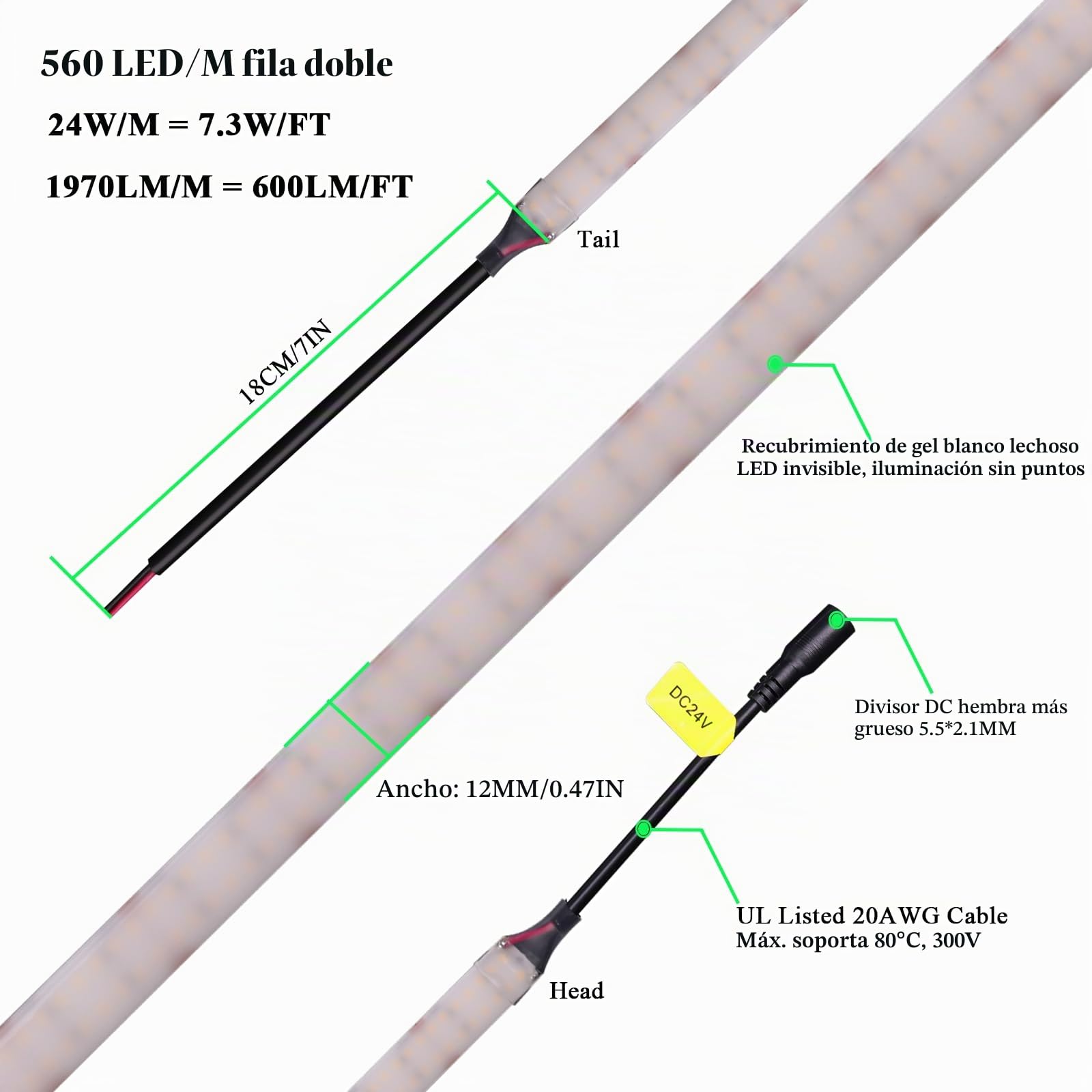 JOYLIT Doble File Difusión Tira LED 24V 5M Blanco Natural 4000K Impermeable 560LEDs/M Alta Densidad, CE UL PRO 24W/M 2100LM/M Súper Brillante Puntos Libres CRI 92 COB Tira Luce para Negocios, Hogar
