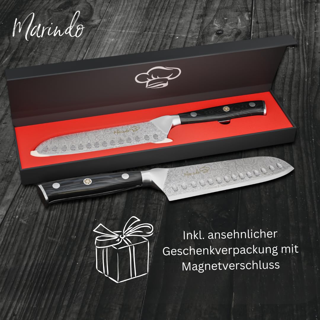 Marindo® Santoku Damastmesser aus Damaszener Stahl 17,8 cm Klinge | japanisches Damast Küchenmesser mit Kullenschliff & stabilem Holzgriff | Santoku Messer Damast mit Geschenkverpackung