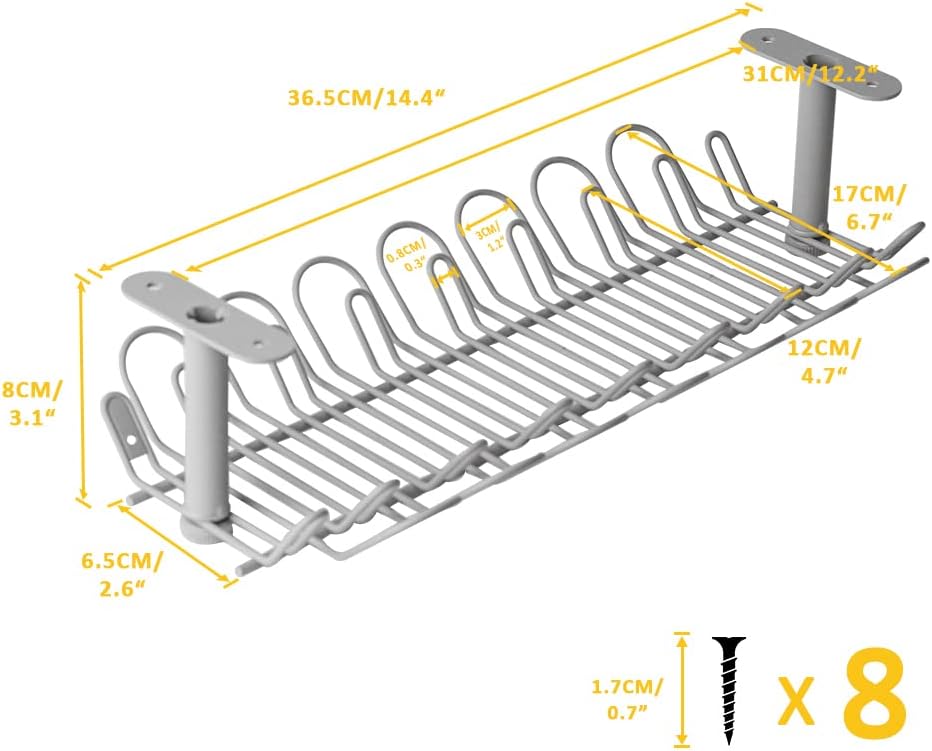2 Packs Cable Management Tray, 14 inch Under Desk Cable Holder for Wire Organization, Heavy Metal Cord Organizer Ideal for Computer Home Office Standing Desks to Hide Power Strips (Gray)