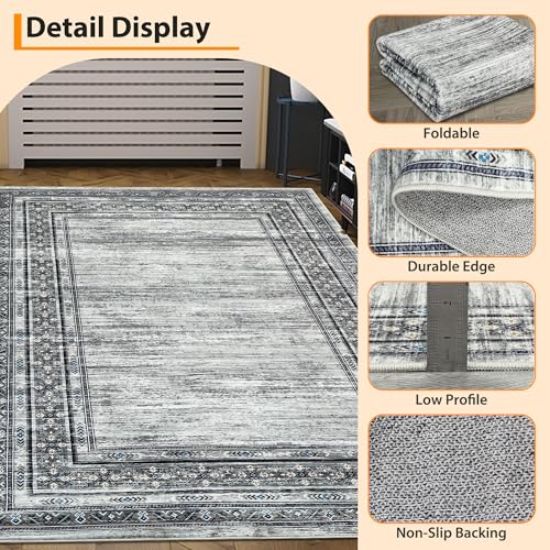GlowSol Area Rug 9x12 Washable Rugs Gray Geometric Printed Rug Border Mat Foldable Solid Rugs Modern Rug Neutral Rug Large Print Rug Non Slip Carpet Living Room Rug Dining Room Office Farmhouse Rug