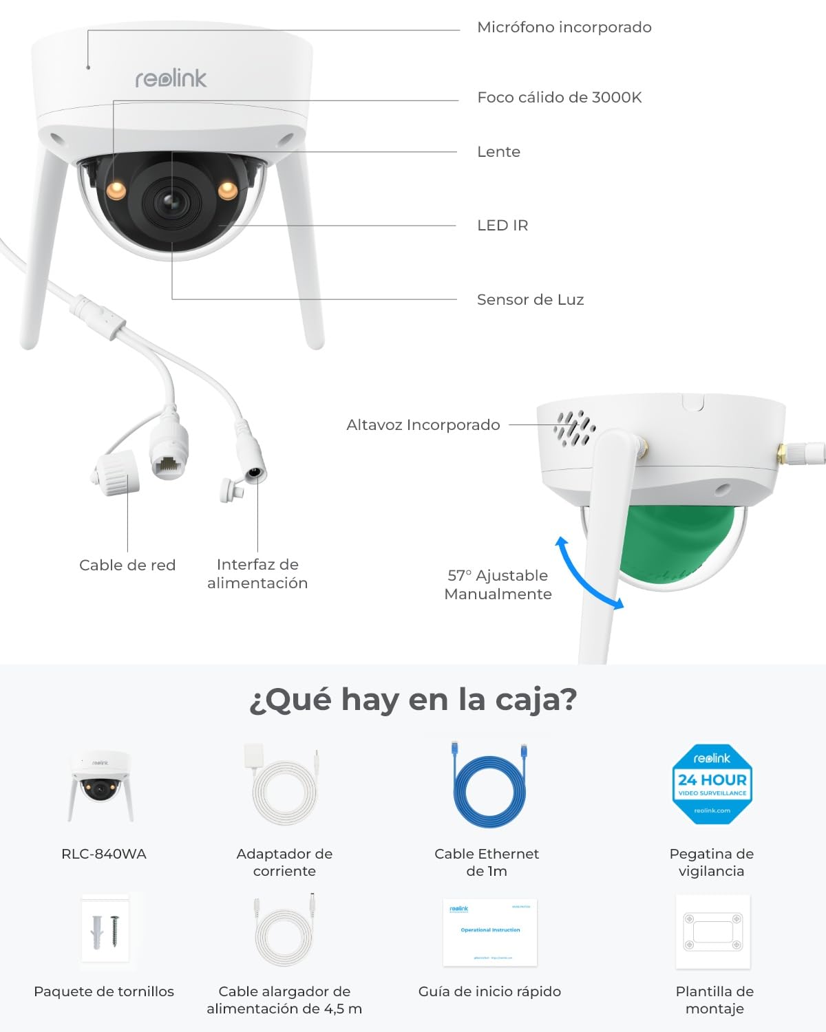 Reolink Camara Vigilancia WiFi Exterior 4K Antivandálica, RLC-840WA | Visión Nocturna Color, WiFi 2,4/5GHz, Detección Personas/Vehículos/Animales, Audio 2 Vías, Sin PT, Impermeable IP67