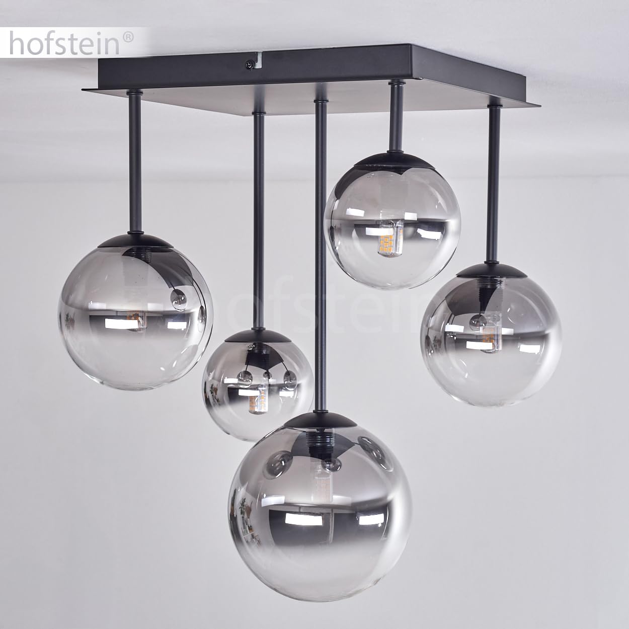 HOFSTEIN Plafoniera Chehalis, lampada da soffitto in metallo/vetro nero/fumo/trasparente, lampada dal design moderno retrò/vintage con ombrelli in vetro (Ø 10, 12, 15 cm), 5 x G9, senza lampadina