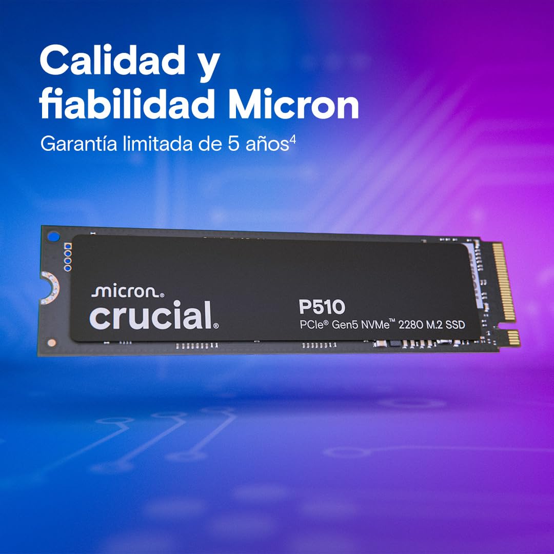 Crucial P510 SSD 1TB PCIe 5.0 x5 Gen5 NVMe M.2, Velocidades de lectura hasta 11.000 MB/s, escritura 9.500 MB/s, Ordenador Portátil y de Sobremesa, TLC NAND, Disco Duro Interno- CT1000P510SSD8-01