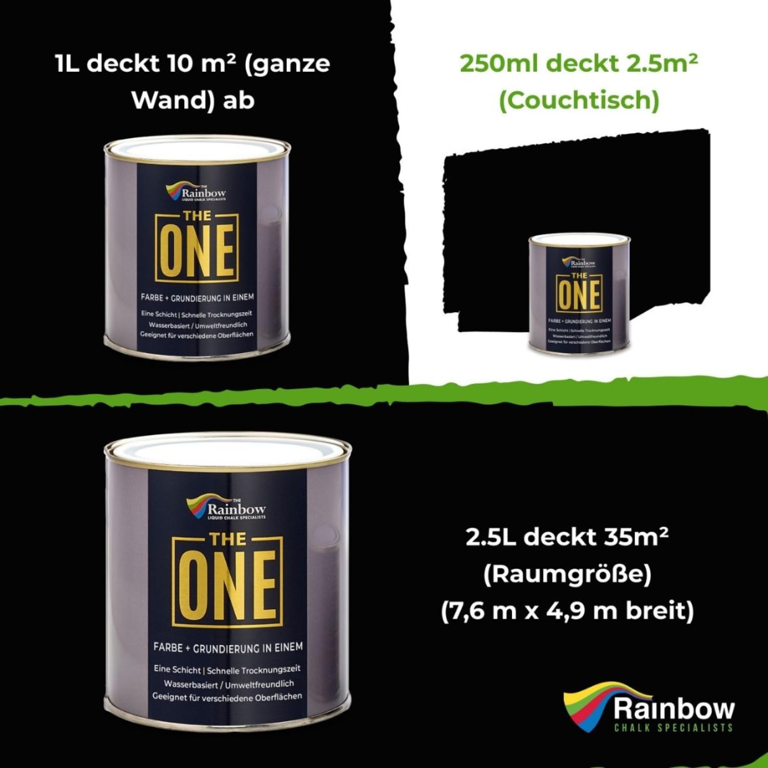 THE ONE All-In-One Farbe & Grundierung Schwarz 1 L Formel für mehrere Oberflächen mit 1 Anstrich