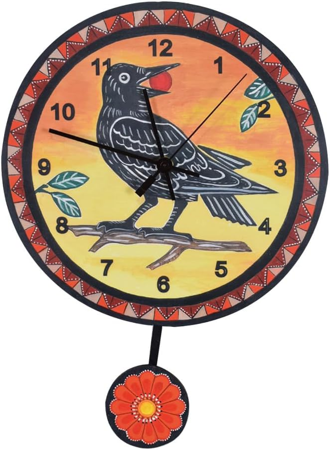 Sunrise Crow/Raven/Blackbird Round Wall Clock with Pendulum, 14.5" x 10.5", Artist Made in The USA