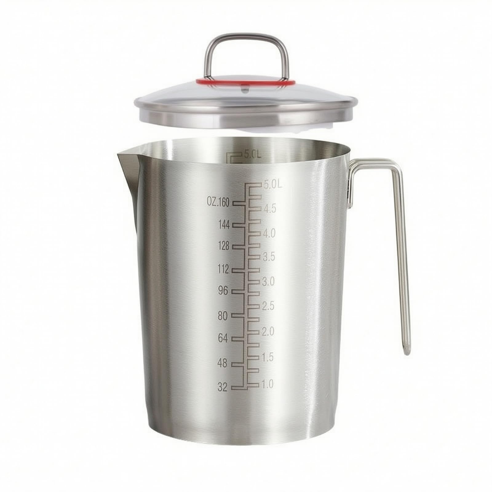 Vaso Medidor Acero Inoxidable Resistente Medidora con Asa y Vertedor Vertedor para Cocineros Caseros, Pasteleros, 5000ML, Tapa Vidrio