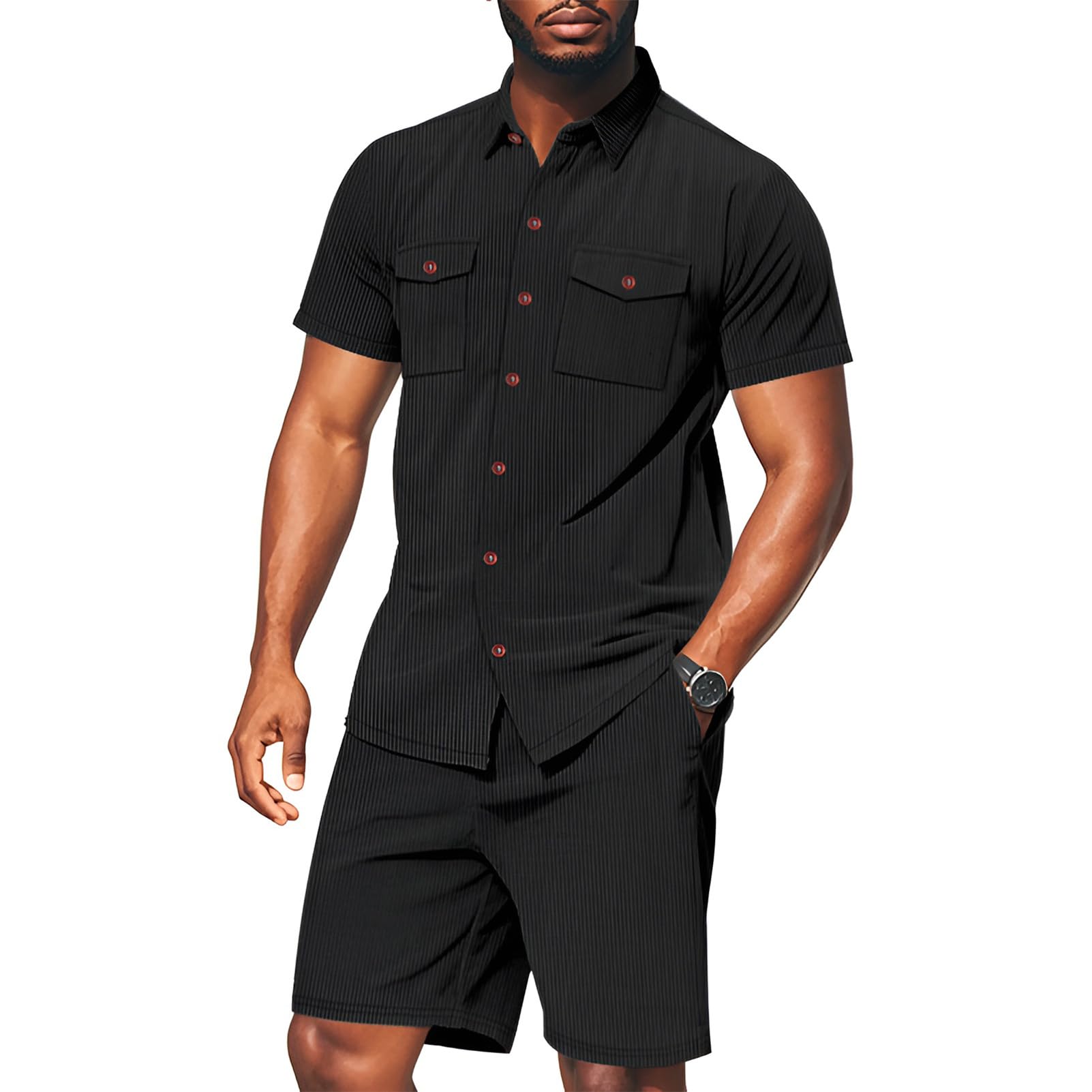 amropi Uomo Tuta Pantaloncini 2 Pezzi Corduroy Maniche Corte Camicia Bottone Estiva Sportiva Completo