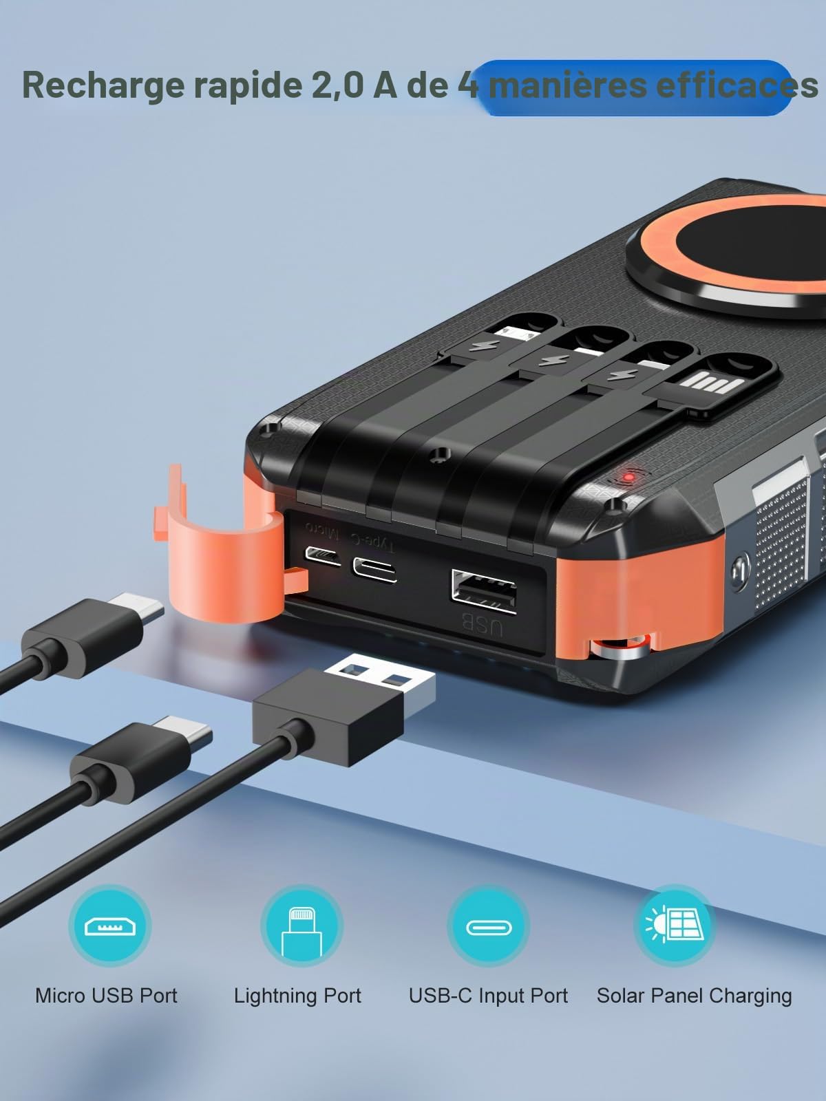 Batterie Externe Solaire Magnétique sans Fil 26800mAh avec 4 câbles intégrés,Charge Rapide Chargeur Externe USB C 30W 7 Sorties,avec SOS Lampe Torche pour Téléphones Tablettes Camping