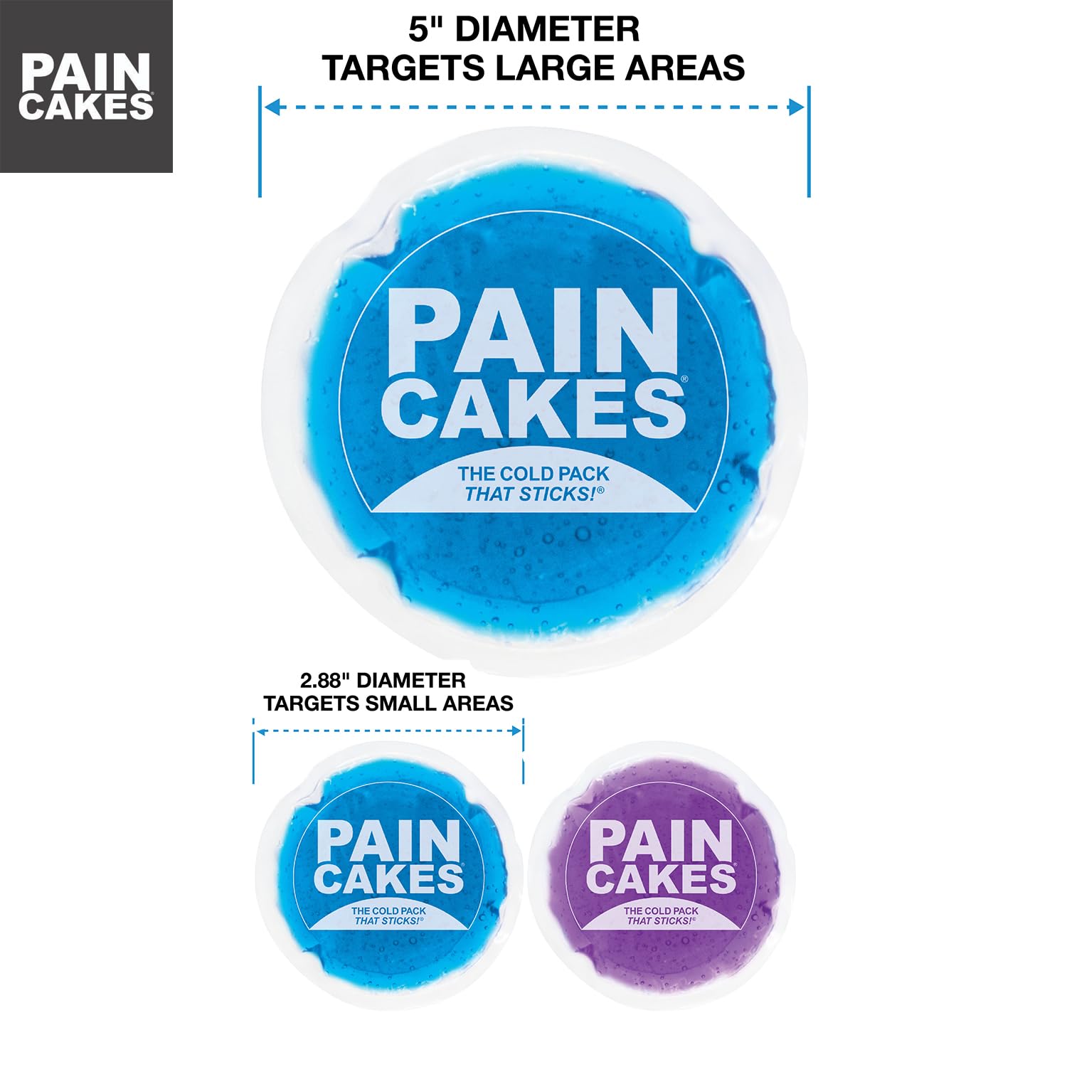Paincakes Wiederverwendbar, haftet am Körper, 12,7 cm groß, blau mit Mini 2 Packungen lila und blau, kleine Kühlakkus, perfekt für Verletzungen und kleine Bereiche, latexfreie Kältekompresse