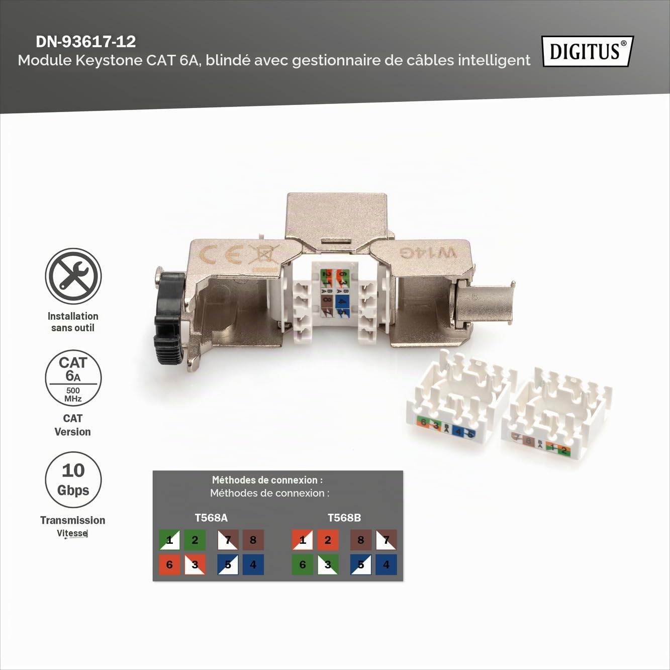 DIGITUS Module Keystone Cat 6A – 12 pièces – Organisateur de câbles | Blindé – Sans outil – LSA – PoE++ – AWG 26-22 – prise RJ45 – 500 MHz 10Base-T – 10 Gbit/s – Pour panneaux de brassage