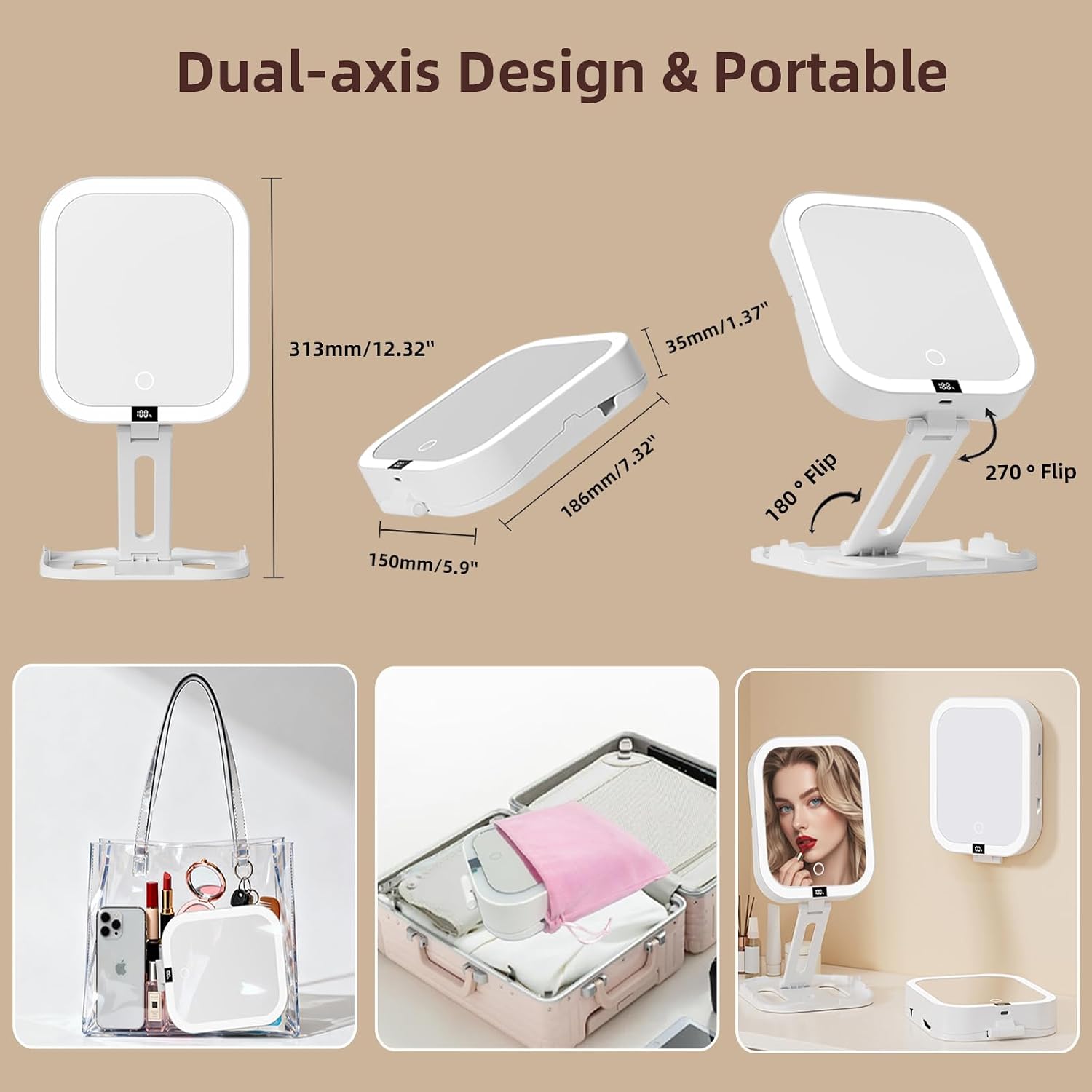 Travel Makeup Mirror with Lights,1X/10X Dual Sided Magnifying Mirror with 3 Colors Lights,2000mAh Rechargeable,Dimmable Touch Screen,Phone Stand, Foldable,Women Gift