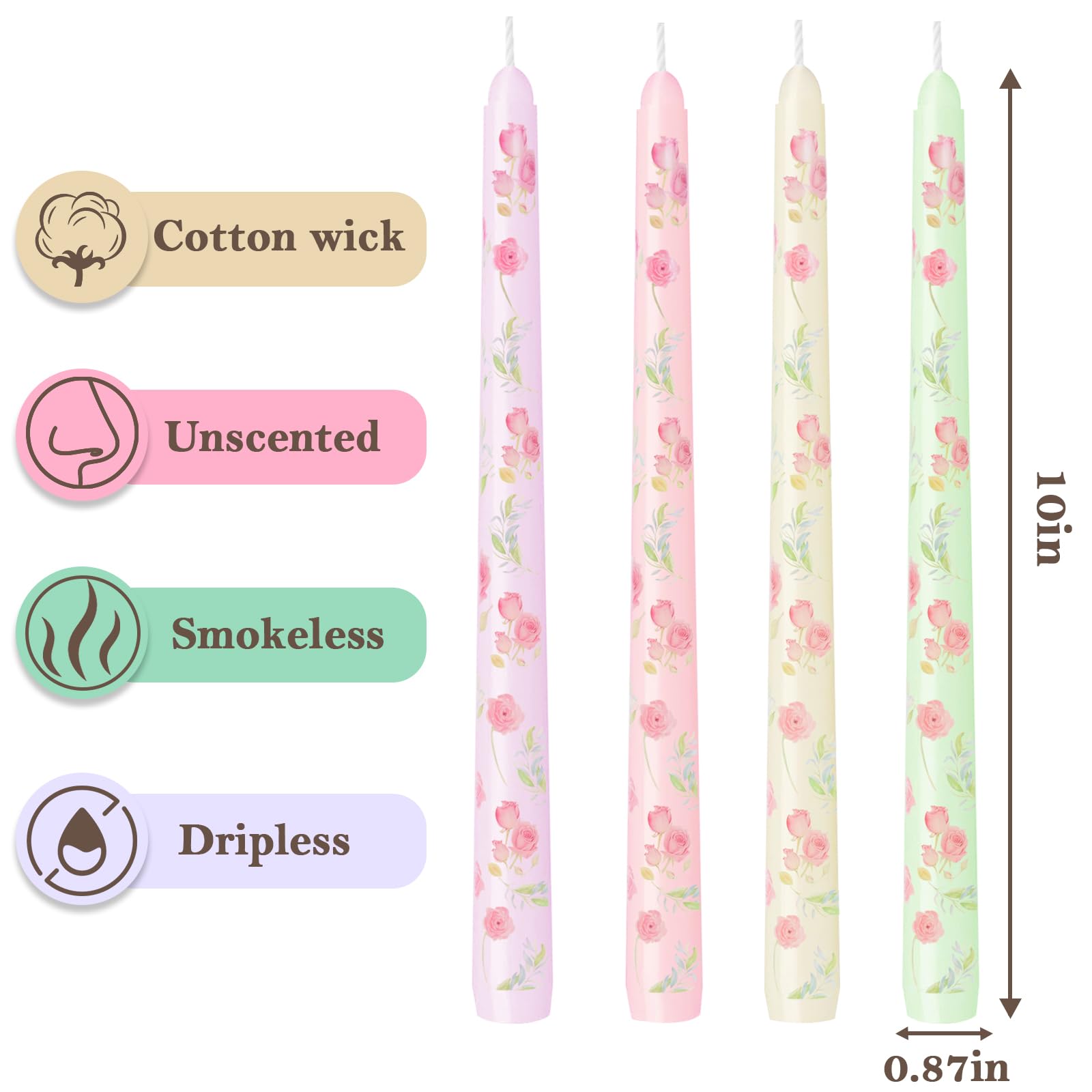0.87×10 Inch Printed Floral Taper Candles, 4 Pack Unscented and Smokeless Rose Candlesticks, 6 Hours Burning for Home Décor Weddings Dinner Party