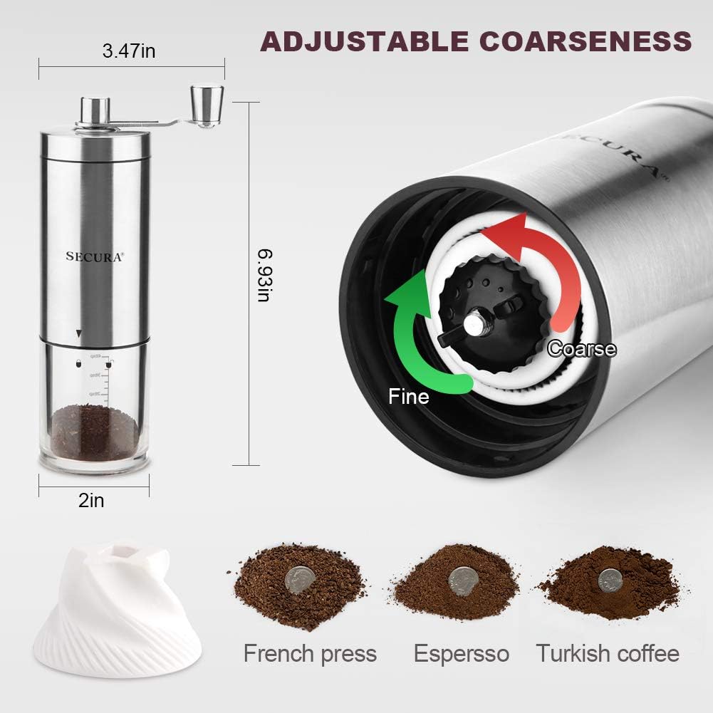 Secura Manual Coffee Grinder,Conical Ceramic Burr Coffee Mill, Kitchen Travel Stainless Steel Coffee Bean Grinder with Extra 16 Printing Stencils, Cleaning Brush, Coffee Scoop and Travel Storage Bag