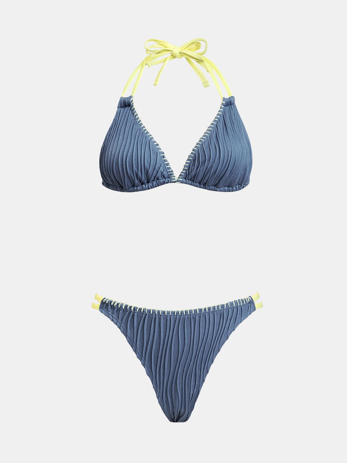 CUPSHE Damen Bikini Set V Ausschnitt Neckholder Low Waist Strappy High Cut Wellentextur Zweiteiliger Badeanzug Bademode | Low Waist Two Piece Swimsuit Swimwear, Verstellbare Halterträger, Tief geschnittene Hüfte, Leichte Textur