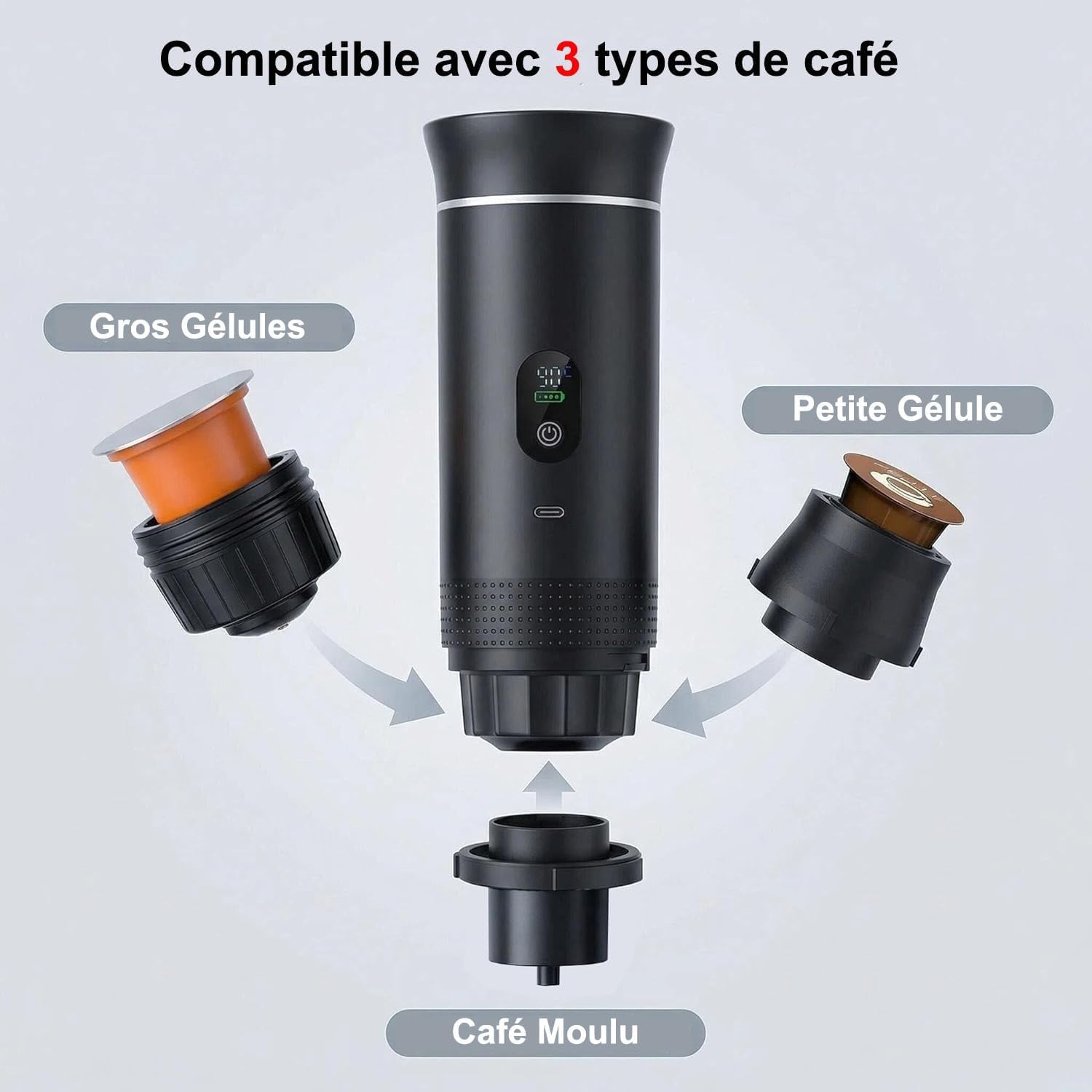 Machine à café électrique portable,Cafetière portable 3-en-1 avec auto-chauffage,Port de chargeur USB-C,Cafetière avec café moulu et capsule NS pour RV, camping, randonnée, bureau