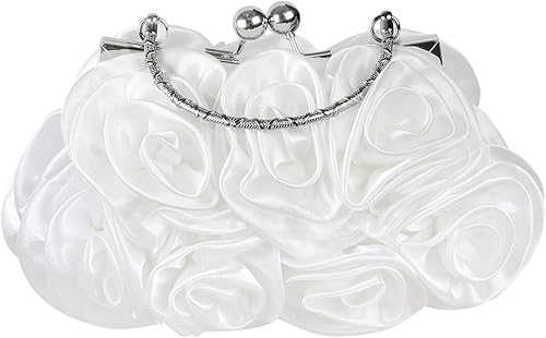 Bolsos de mano de noche blancos para mujer, elegante bolso floral de rosas blancas con cadena desmontable para boda, fiesta, baile de graduación
