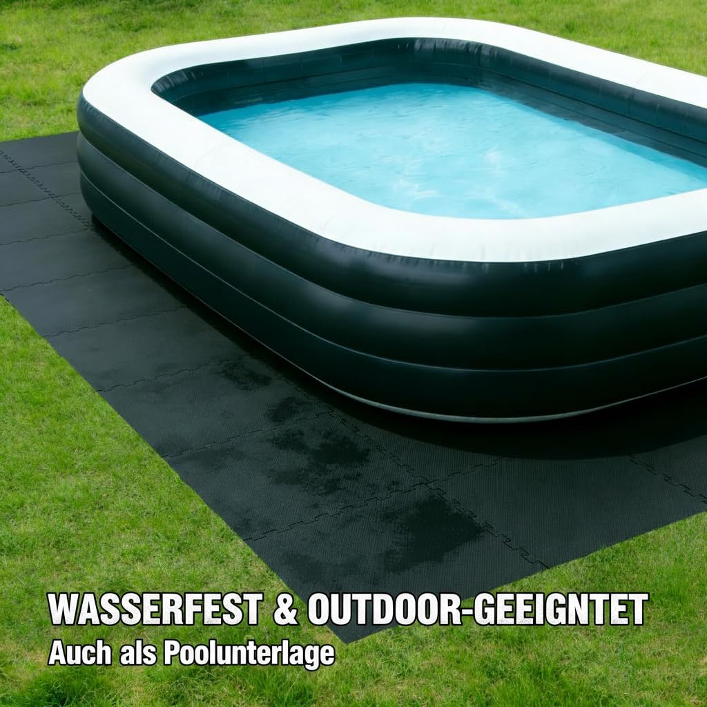 Bodenschutzmatte 60x60x1cm – Große Eva Puzzlematte als Poolunterlage, Fitnessmatte & Unterlegmatte – wasserfest, stoßdämpfend – 12/48 Teile Grau & Schwarz