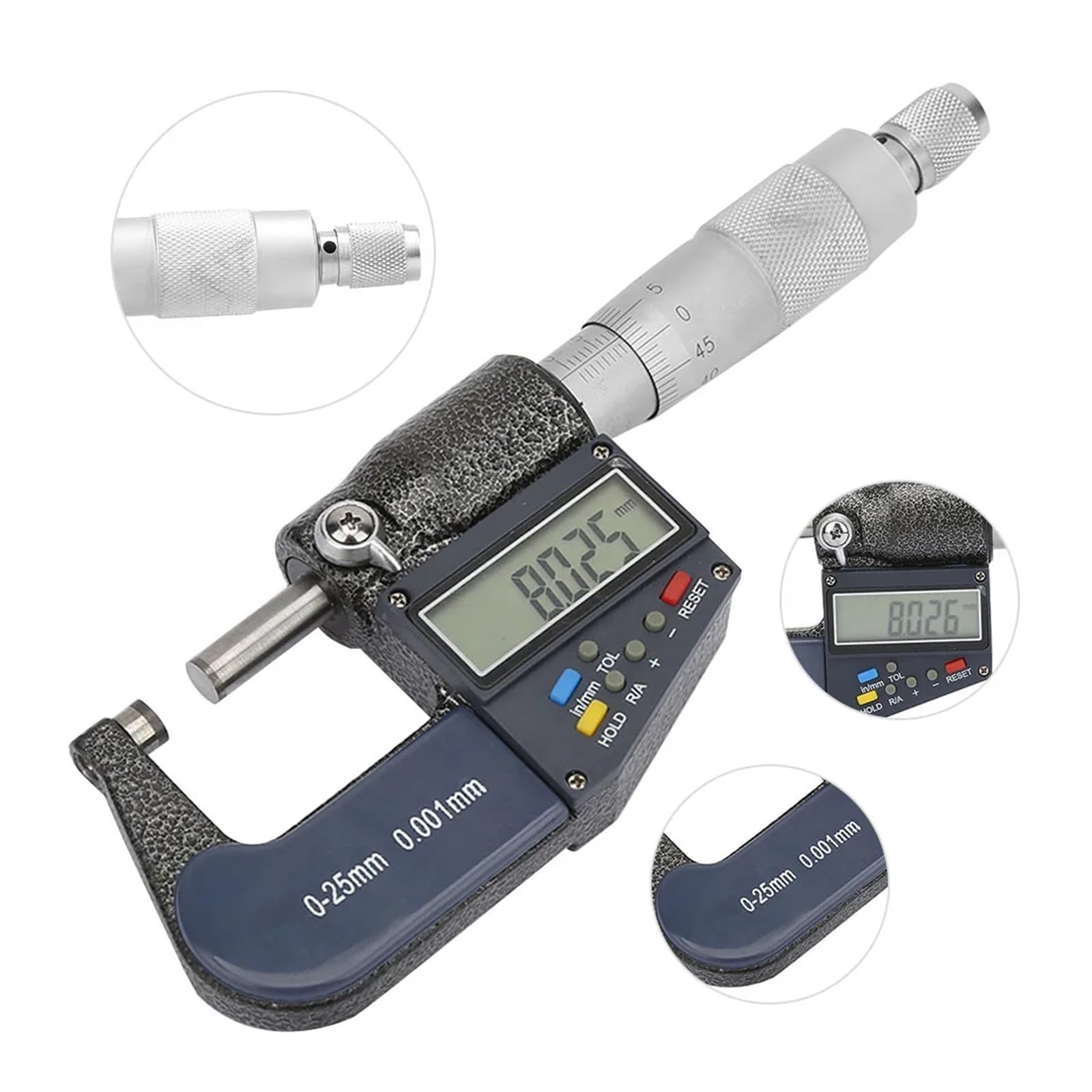 micrómetro, Micrómetro exterior Micrómetro digital Herramienta de medición 0-25 mm Micrómetro digital electrónico 0,001 mm Juego de calibre y llave de espesor, Herramientas de medición y diseño