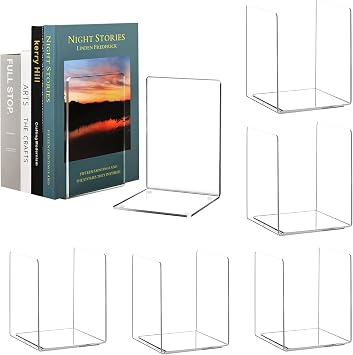 HappyHapi 6 Pair Acrylic Book Ends, Clear Bookends for Shelves | Clear Acrylic Bookends for Heavy Books. Transparent Book Holder for Library, Home and Office.