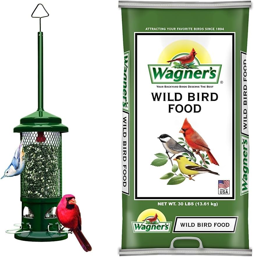 Squirrel Buster Standard Squirrel-Proof Bird Feeder w/4 Metal Perches, 1.3-Pound Seed Capacity, Garden Green & Wagner's 13010 Wild Bird Food, 30-Pound Bag
