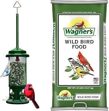 Squirrel Buster Standard Squirrel-Proof Bird Feeder w/4 Metal Perches, 1.3-Pound Seed Capacity, Garden Green & Wagners 13010 Wild Bird Food, 30-Pound Bag