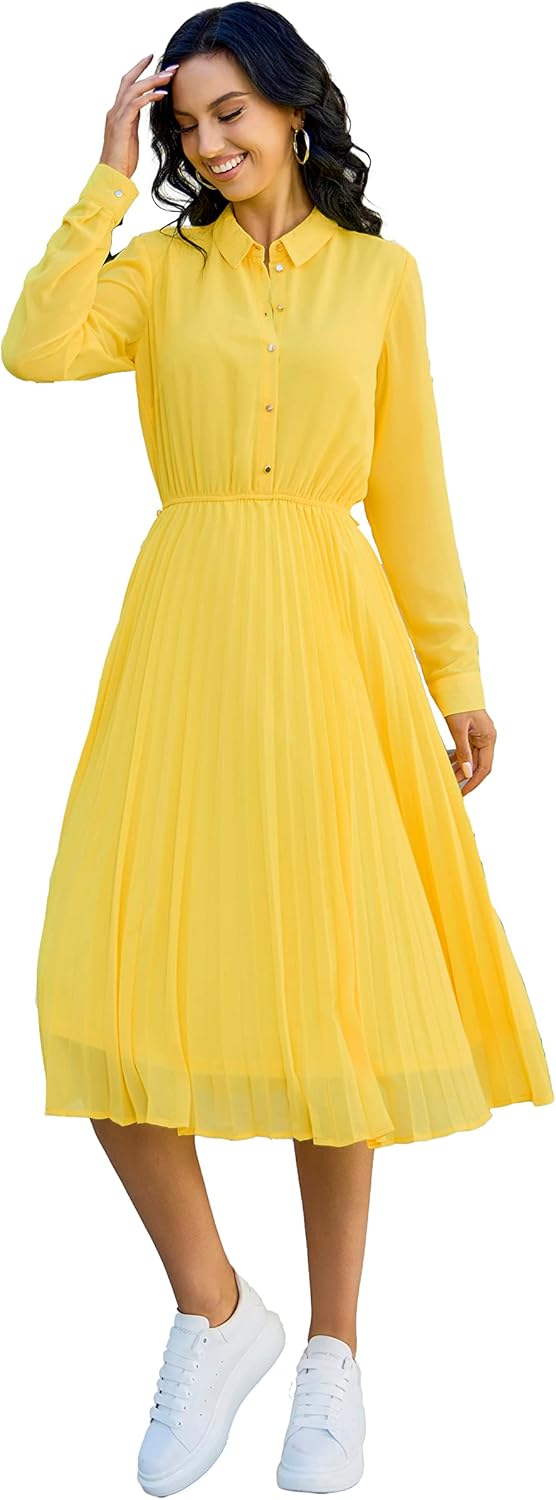 Business Casual Shirt Dress for Women Long Sleeves Pleated Midi Dresses with Belt - Image 6