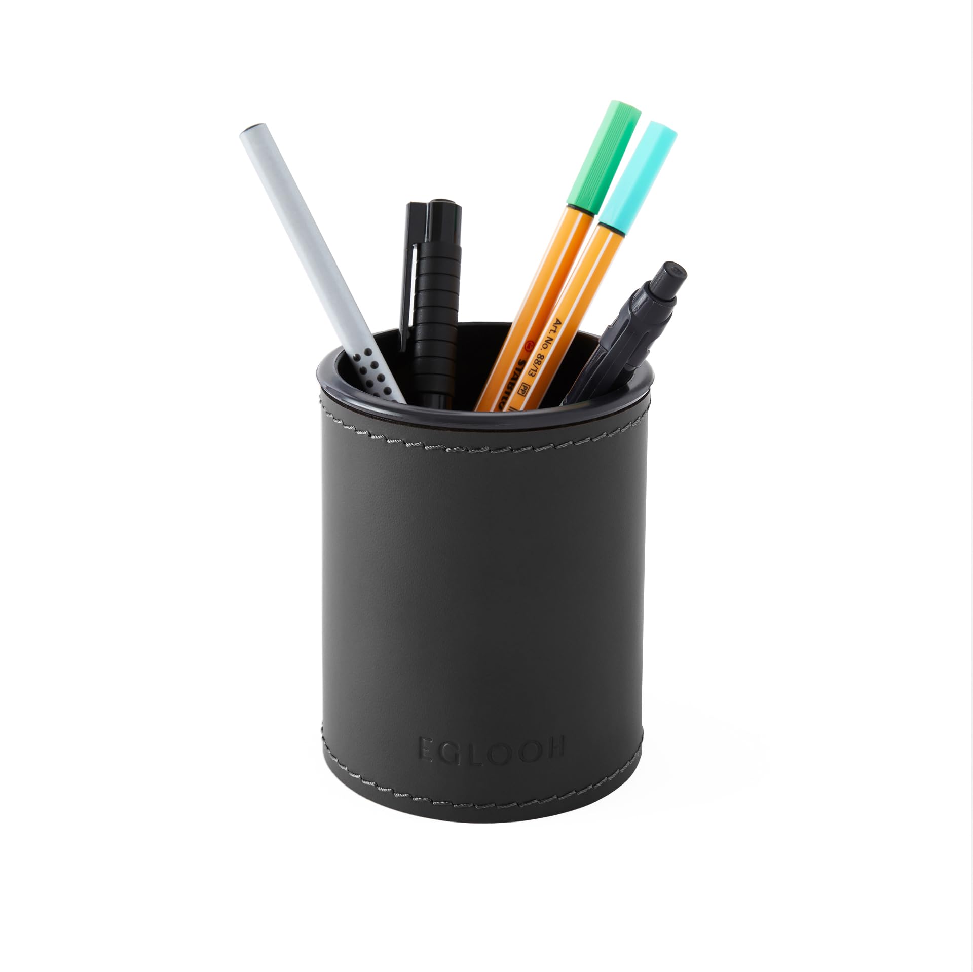 Eglooh, Orfeo, Pen Pot for Desk, Round Design, Made of Black Leather, cm 7,8 x 7,8 H.9,5 - Image 2