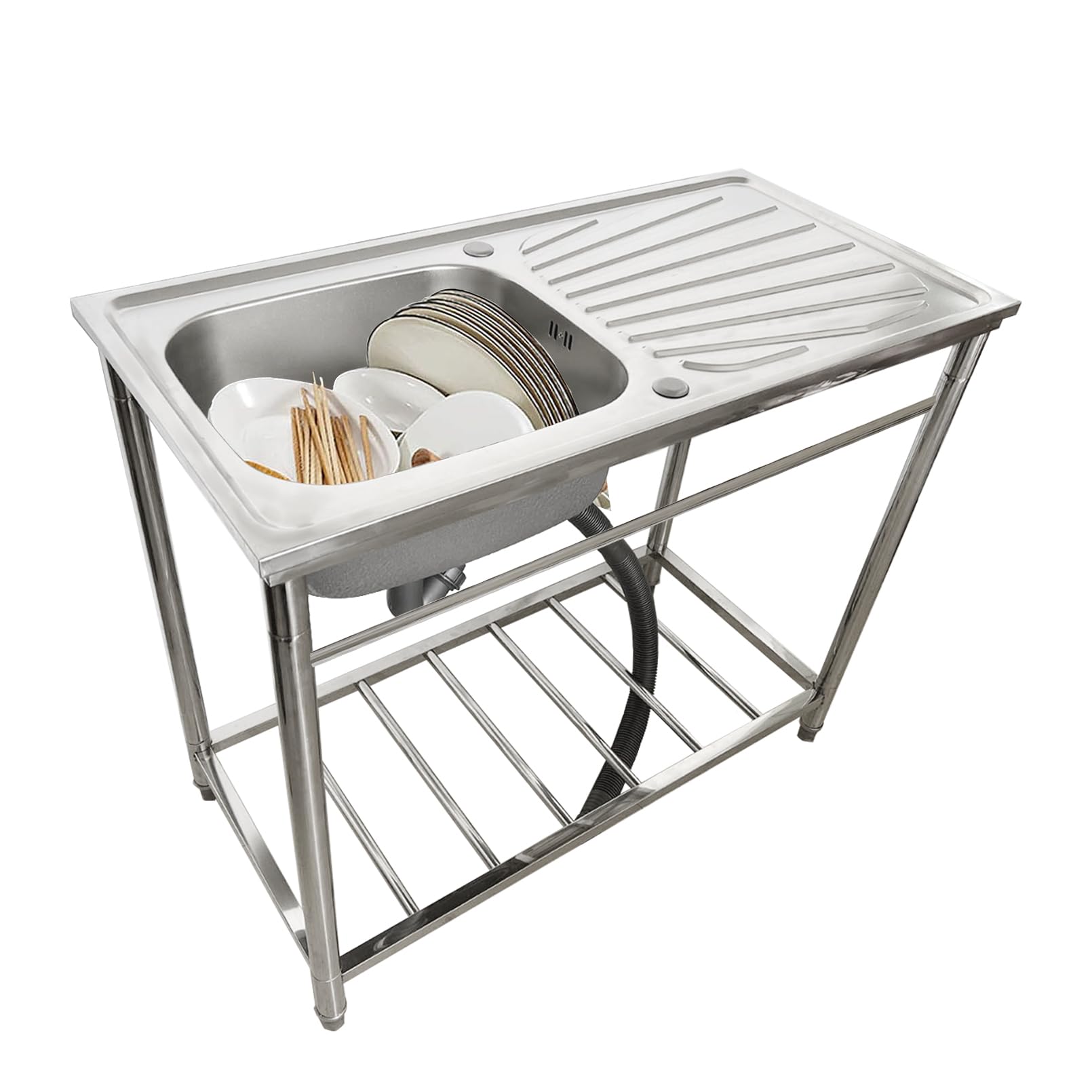 LMYSXAOZ Free Standing Stainless-Steel Sink, 1 Compartment Commercial Restaurant Kitchen Utility Sink with Workbench and Faucet, Washing Hand Basin