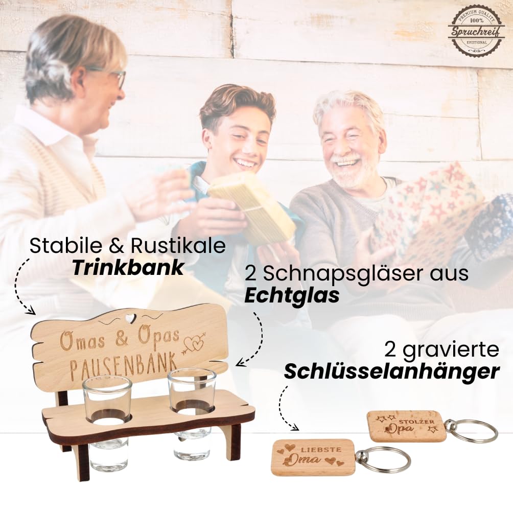 Spruchreif | Geschenkset für Großeltern Pausenbank für Oma und Opa | Schnapsbank und Schlüsselanhänger mit Gravur… – Ansicht 6