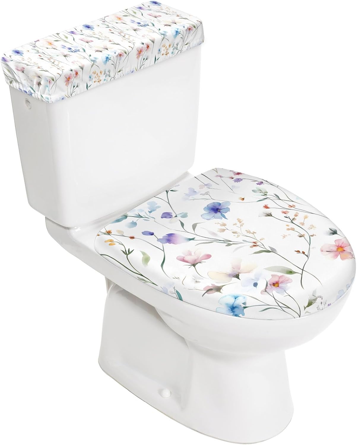Watercolor Flowers Elastic Toilet Lid and Tank Covers Set, Spring Colorful Botanical Floral Herb Decorative Bathroom Decor, 2 Pcs Toilet Lid Cover and Toilet Tank Lid Cover with Elastic Bottom