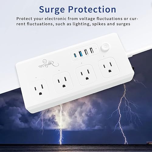 Miniatura 6 de Regleta de protección contra sobretensiones, 4 salidas de CA, 1 USB C 1 tipo C 2 USB 40 W 1250J con puerto de entrega PD de 5 pies de largo, cable